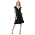 Belle Poque Frauen Casual Black Cap Ärmel V-Ausschnitt High Stretchy A-Linie Kleid BP000314-1